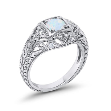 Antique Style Wedding Ring Round Lab Created White Opal 925 Sterling Silver